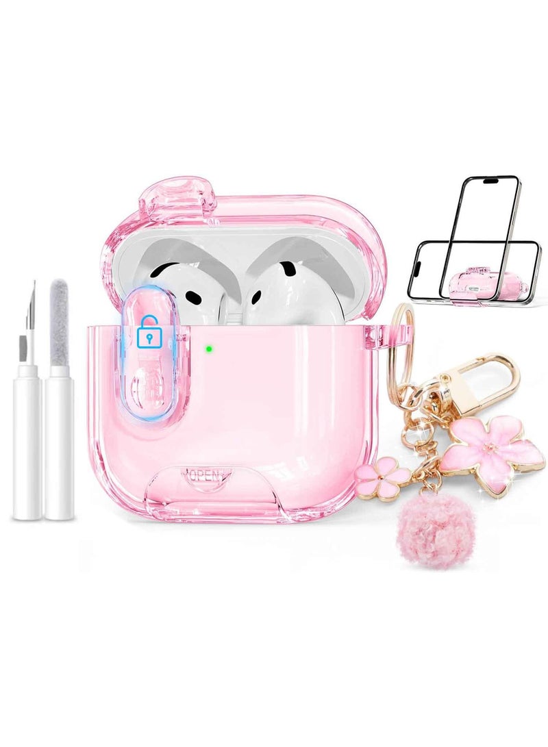 جراب شفاف لسماعات أبل إيربودز 4 مع حامل للهاتف ومجموعة تنظيف، غطاء TPU ناعم لجراب إيربودز من الجيل الرابع، سلسلة مفاتيح لامعة لطيفة للنساء والفتيات - وردي شفاف - Image 1