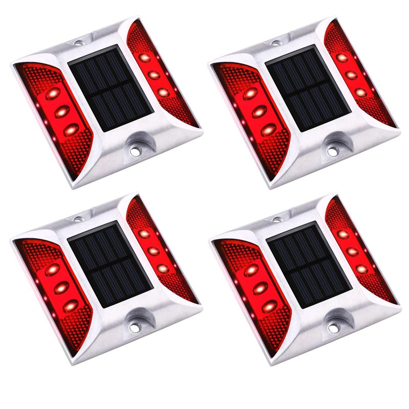 أضواء رصيف مواقف السيارات الشمسية Aolyty IP68 مقاومة للماء أضواء تحذير الدرج علامات الطريق العاكسة للممرات والحدائق 4 عبوات حمراء