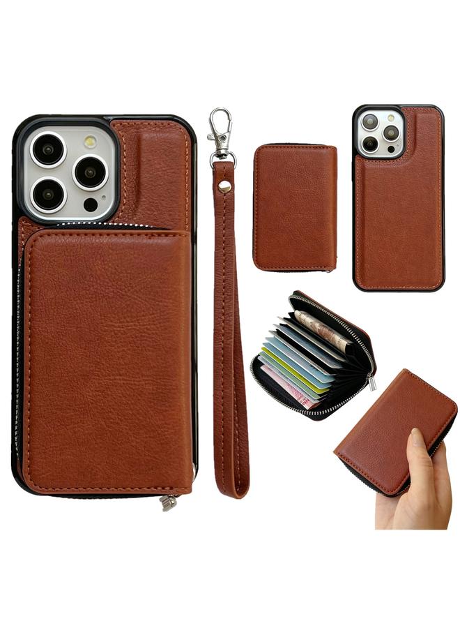 زبون جراب لهاتف iPhone 13 Pro بلون سادة مع سحاب و11 فتحة للبطاقات وحقيبة هاتف مع حبل - Image 1