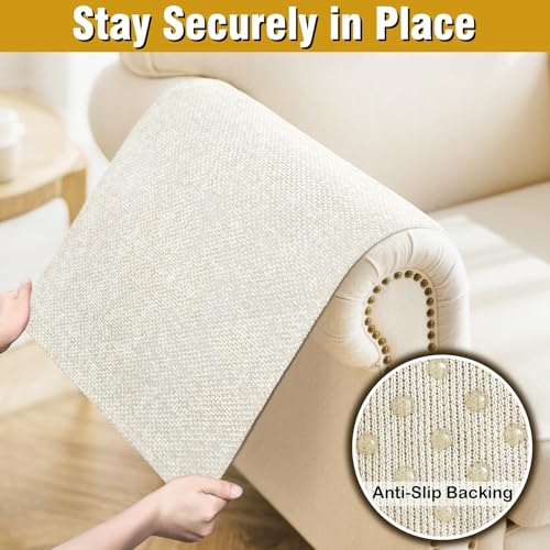 LovoGemy Couch Arm Covers, Sofa Arm Covers, Waterproof Armrest Cover for Sofa, Armchair, Loveseat, Non-Slip Recliner Arm Cover, Headrest Cover, Arm Chair Covers Set of 2 (Cream, 24"×20") - Image 5