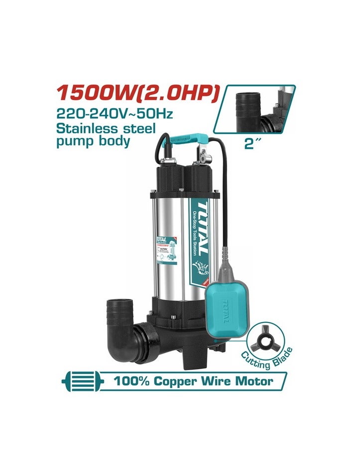 TOTAL Total Submersible Sewage Water Pump 1500W (2.0HP) - Max Head 14.5m, 350L/min Flow Rate, Stainless Steel & Cast Iron Construction, Built-in Cutting Blade, 9m Cable, for Dirty Water Removal, with Control Box  - Image 1
