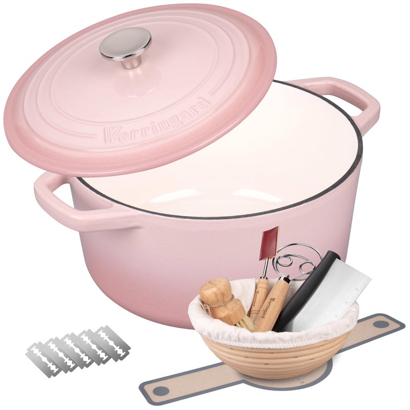 VORRINGARD Enameled Cast Iron Dutch Oven Pot with Lid, for Bread Baking, Round Bread Oven- include Sourdough Bread Baking Supplies Set, 6QT, Pink - Image 1