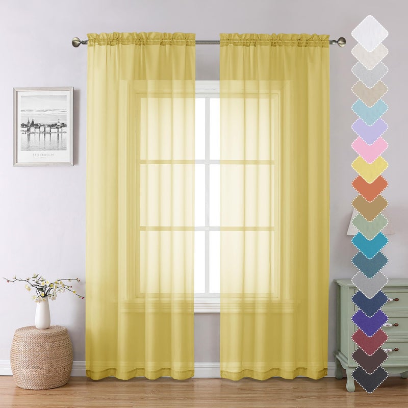 Lecloud Yellow Sheer Curtains 84 Inches Long 2 Panels, Light Filtering Voile Window Curtains for Bedroom Living Room, Dual Rod Pocket Semi Sheer Window Treatments, 40 W x 84 L Inches - Image 1