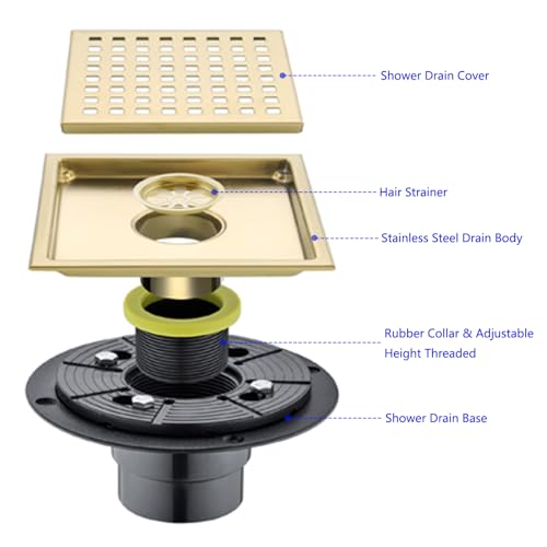 SWHYGER 6 Inch Square Shower Floor Drain Brushed Brass with Flange,SUS304 Stainless Steel Gold Shower Drain Cover with Quadrato Pattern Grate Removable Hair Strainer,98738BG6-S. - Image 3