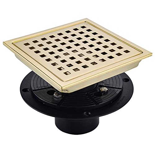 SWHYGER 6 Inch Square Shower Floor Drain Brushed Brass with Flange,SUS304 Stainless Steel Gold Shower Drain Cover with Quadrato Pattern Grate Removable Hair Strainer,98738BG6-S. - Image 1