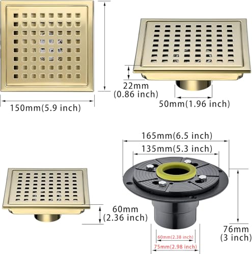 SWHYGER 6 Inch Square Shower Floor Drain Brushed Brass with Flange,SUS304 Stainless Steel Gold Shower Drain Cover with Quadrato Pattern Grate Removable Hair Strainer,98738BG6-S. - Image 2