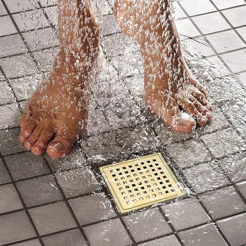 SWHYGER 6 Inch Square Shower Floor Drain Brushed Brass with Flange,SUS304 Stainless Steel Gold Shower Drain Cover with Quadrato Pattern Grate Removable Hair Strainer,98738BG6-S. - Image 4
