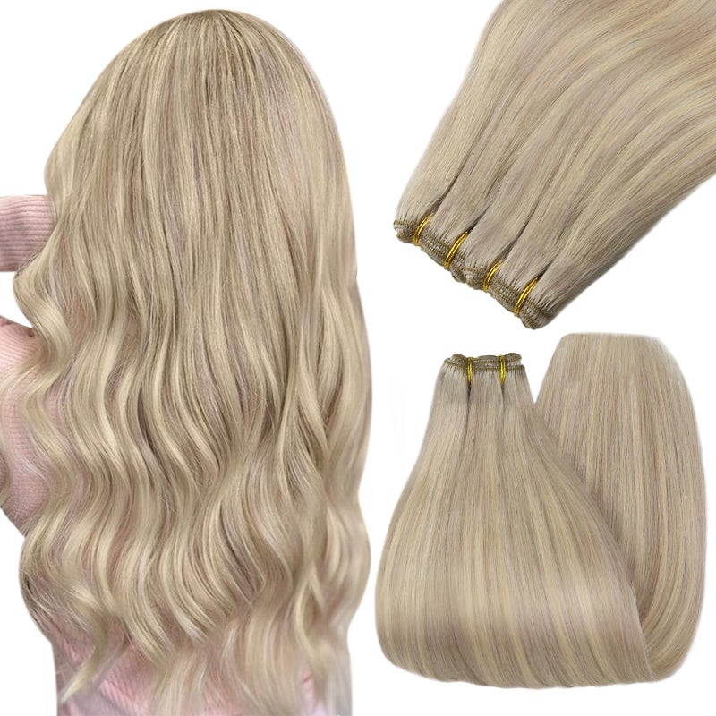YoungSee Weft Hair Extensions Highlight Warm Ash Blonde Mix Bleach Blonde Human Hair Sew in Extensions Highlights Hair Extensions Weft Soft Remy Hair 18Inch 100G - Image 1
