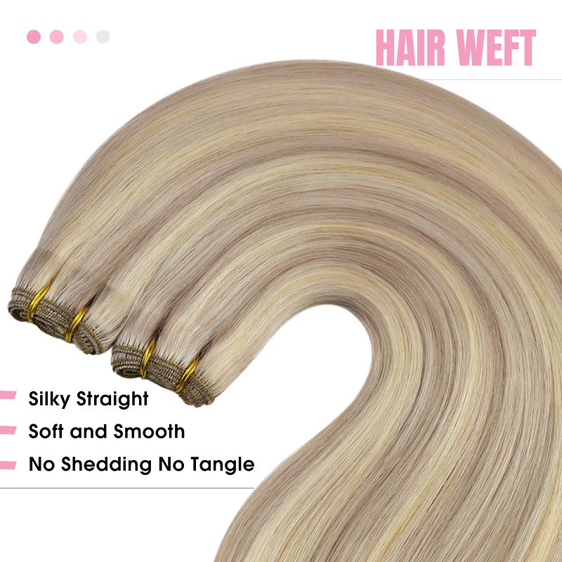YoungSee Weft Hair Extensions Highlight Warm Ash Blonde Mix Bleach Blonde Human Hair Sew in Extensions Highlights Hair Extensions Weft Soft Remy Hair 18Inch 100G - Image 4