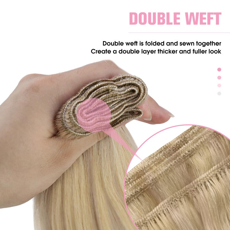 YoungSee Weft Hair Extensions Highlight Warm Ash Blonde Mix Bleach Blonde Human Hair Sew in Extensions Highlights Hair Extensions Weft Soft Remy Hair 18Inch 100G - Image 5