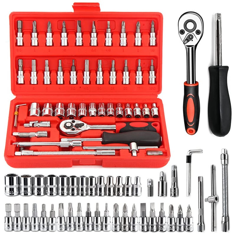 1/4" Dice Set, 46 Pieces Socket Set, Ratchet Wrench Set with Metric Drill Bit Socket Set and Extensions for Auto and Home Repair (Red)