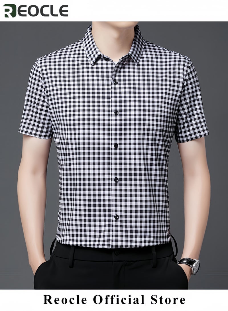 REOCLE Men's Shirt Thin Plaid Shirt Short Sleeve Button Down Shirts for Gentlemen Cotton Regular Fit Casual Gingham Non-iron Shirts - Image 2