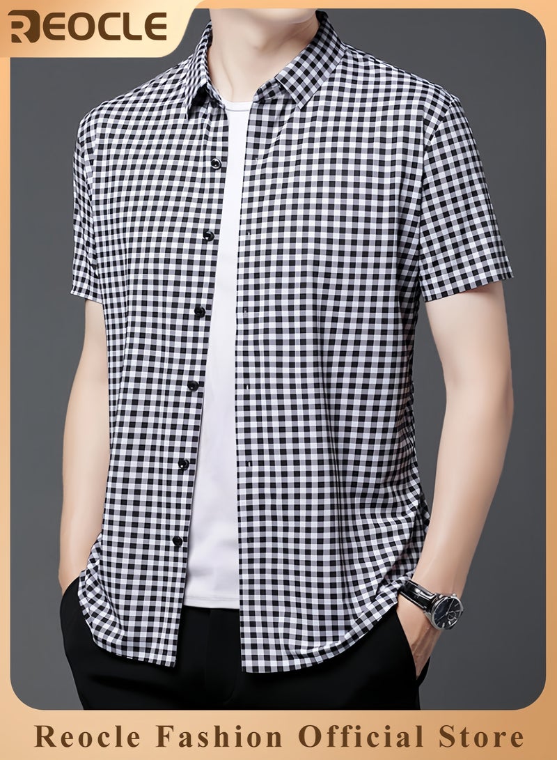 REOCLE Men's Shirt Thin Plaid Shirt Short Sleeve Button Down Shirts for Gentlemen Cotton Regular Fit Casual Gingham Non-iron Shirts - Image 1