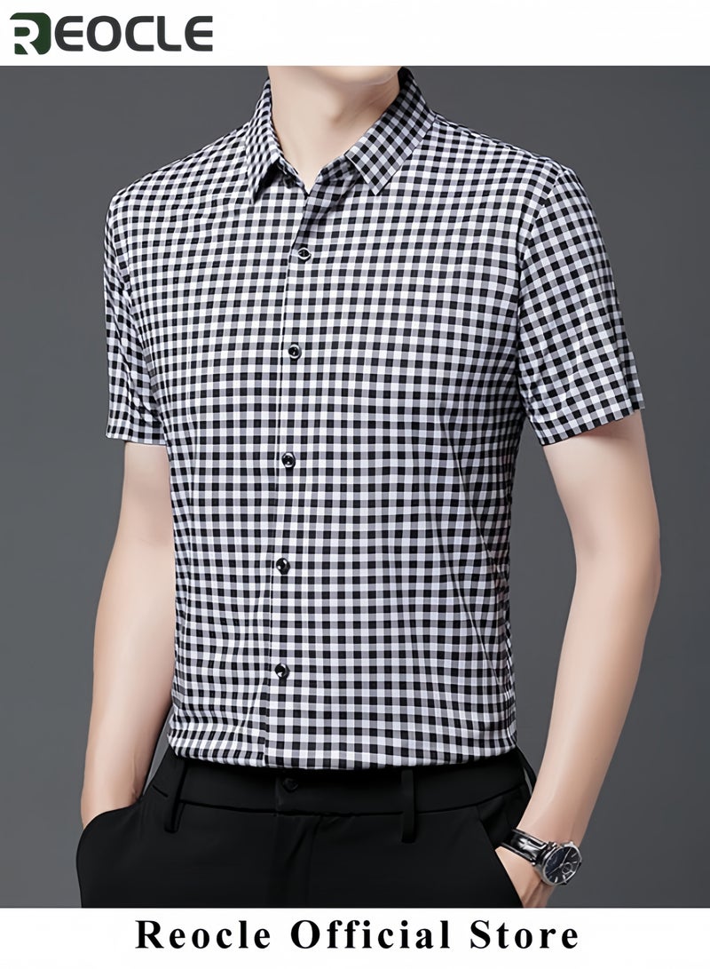 REOCLE Men's Shirt Thin Plaid Shirt Short Sleeve Button Down Shirts for Gentlemen Cotton Regular Fit Casual Gingham Non-iron Shirts - Image 3
