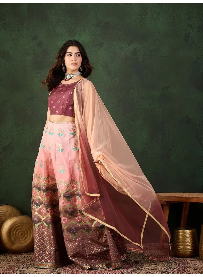 AKS Wine And Peach Placement Print Jacquard Lehenga Choli