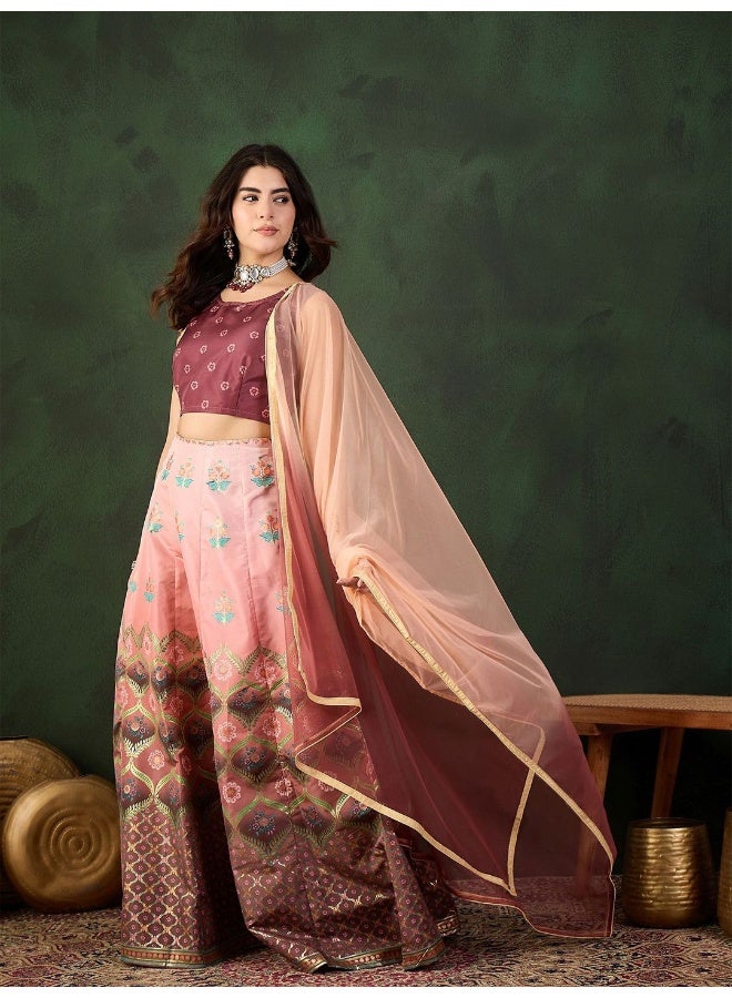 AKS Wine And Peach Placement Print Jacquard Lehenga Choli - Image 1
