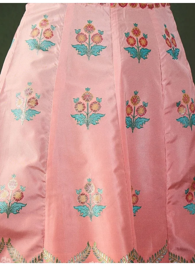AKS Wine And Peach Placement Print Jacquard Lehenga Choli