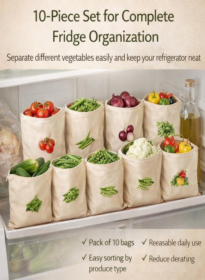 CAVERNSHOP Cotton Reusable Vegetable Storage Bags for Fridge, 10 Pcs Washable Breathable Zipper Cloth Produce Bags for Fruits & Vegetables, Eco-Friendly Plastic-Free Kitchen Organizer, 12 x 12 Inch - Image 3
