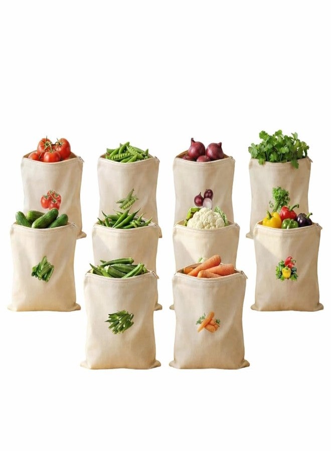 CAVERNSHOP Cotton Reusable Vegetable Storage Bags for Fridge, 10 Pcs Washable Breathable Zipper Cloth Produce Bags for Fruits & Vegetables, Eco-Friendly Plastic-Free Kitchen Organizer, 12 x 12 Inch - Image 1