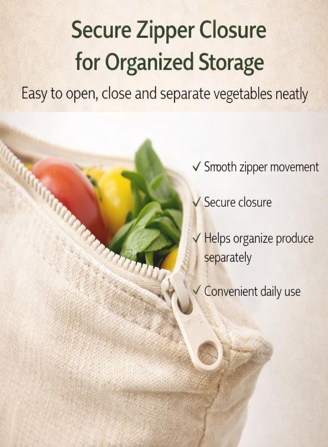 CAVERNSHOP Cotton Reusable Vegetable Storage Bags for Fridge, 10 Pcs Washable Breathable Zipper Cloth Produce Bags for Fruits & Vegetables, Eco-Friendly Plastic-Free Kitchen Organizer, 12 x 12 Inch - Image 5