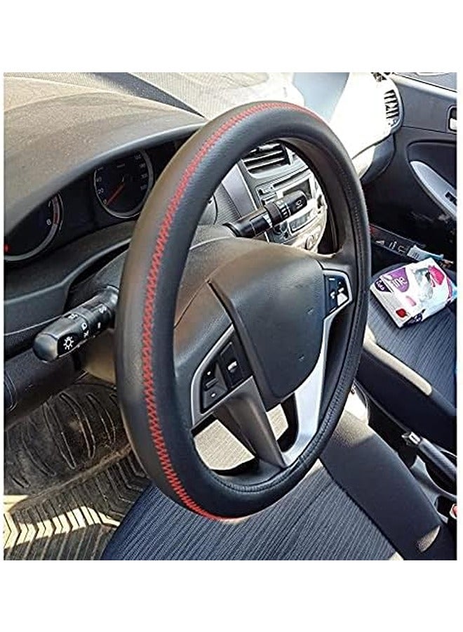 High quality black leather circular steering wheel cover with red stitching forRenault Scenic - Image 3