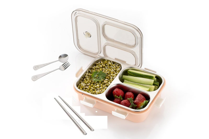 Brand Conquer Lunch Box Leak-Proof BPA Free Stainless Steel for School, Lunch Box for School & Office with a Fork, a Spoon and a Pair of Chopsticks (Pink, 3 Compartment) - Image 1