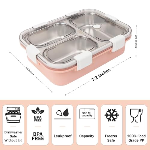 Brand Conquer Lunch Box Leak-Proof BPA Free Stainless Steel for School, Lunch Box for School & Office with a Fork, a Spoon and a Pair of Chopsticks (Pink, 3 Compartment) - Image 3