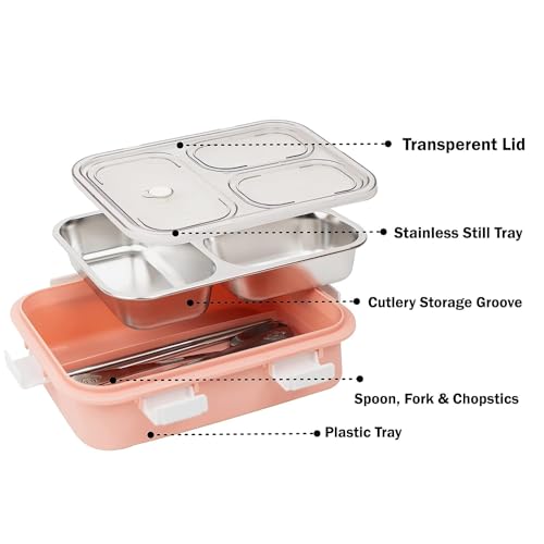 Brand Conquer Lunch Box Leak-Proof BPA Free Stainless Steel for School, Lunch Box for School & Office with a Fork, a Spoon and a Pair of Chopsticks (Pink, 3 Compartment) - Image 2