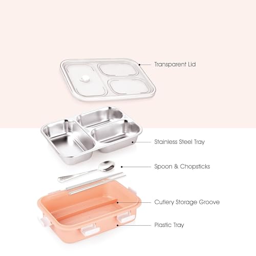 Brand Conquer Lunch Box Leak-Proof BPA Free Stainless Steel for School, Lunch Box for School & Office with a Fork, a Spoon and a Pair of Chopsticks (Pink, 3 Compartment) - Image 4