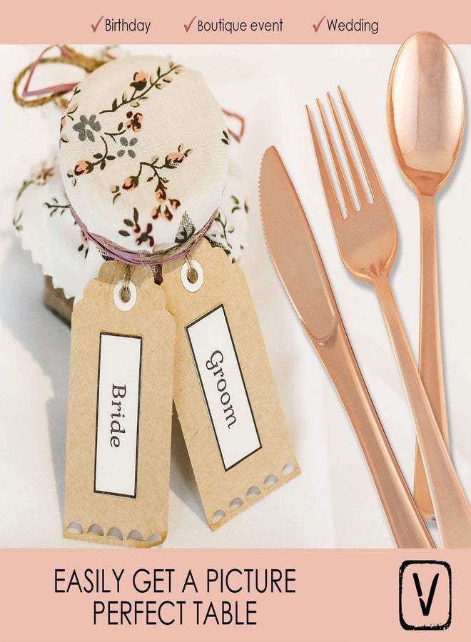 FICJEAD 150 pcs Sturdy Rose Gold Silverware Set| Rose Gold Plastic Silverware for Black Tie Events, Wedding Receptions & Parties| Rose Gold Forks, Knives & Spoons| Disposable Rose Gold Cutlery With No Cleanup - Image 3