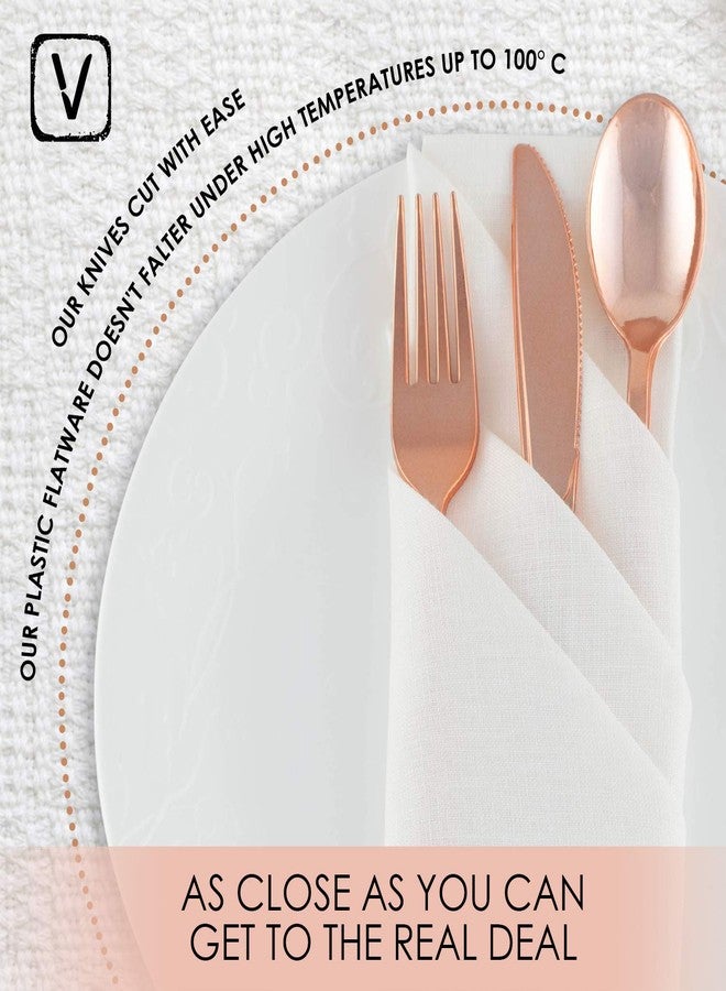 FICJEAD 150 pcs Sturdy Rose Gold Silverware Set| Rose Gold Plastic Silverware for Black Tie Events, Wedding Receptions & Parties| Rose Gold Forks, Knives & Spoons| Disposable Rose Gold Cutlery With No Cleanup - Image 2