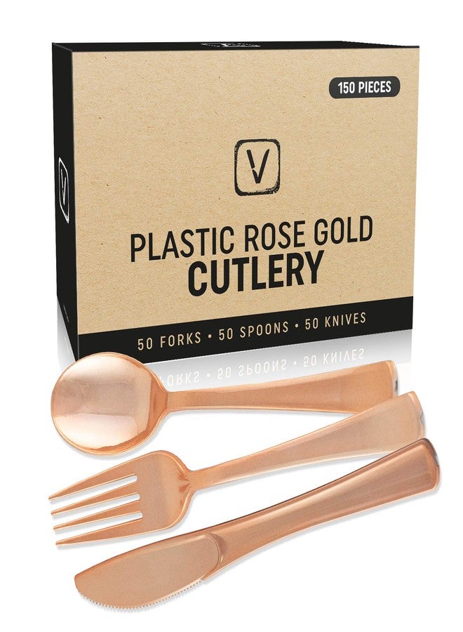 FICJEAD 150 pcs Sturdy Rose Gold Silverware Set| Rose Gold Plastic Silverware for Black Tie Events, Wedding Receptions & Parties| Rose Gold Forks, Knives & Spoons| Disposable Rose Gold Cutlery With No Cleanup - Image 1