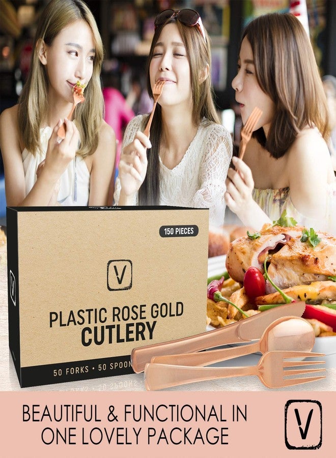 FICJEAD 150 pcs Sturdy Rose Gold Silverware Set| Rose Gold Plastic Silverware for Black Tie Events, Wedding Receptions & Parties| Rose Gold Forks, Knives & Spoons| Disposable Rose Gold Cutlery With No Cleanup - Image 5