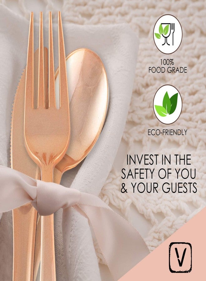 FICJEAD 150 pcs Sturdy Rose Gold Silverware Set| Rose Gold Plastic Silverware for Black Tie Events, Wedding Receptions & Parties| Rose Gold Forks, Knives & Spoons| Disposable Rose Gold Cutlery With No Cleanup - Image 4