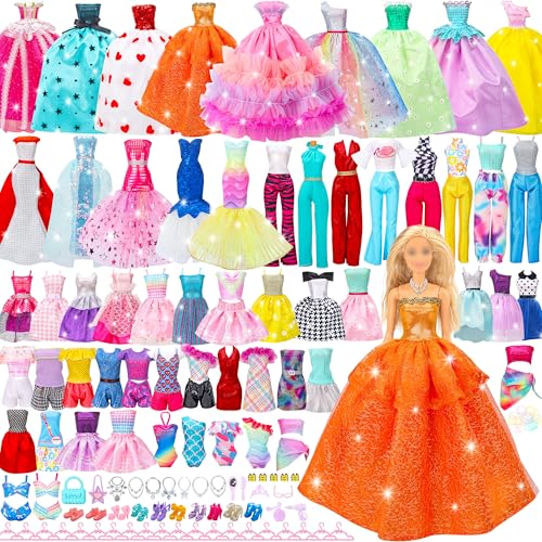 Style Shine 90 Pcs Doll Clothes and Accessories2 Wedding Gowns 2 Evening Dresses 6 Fashion Dresses 4 Set Casual Outfit Top and Pant 2 Swimsuit20 Hanger 10 Shoe 41 Accessories Toys for Girls Kid Gift - Image 1
