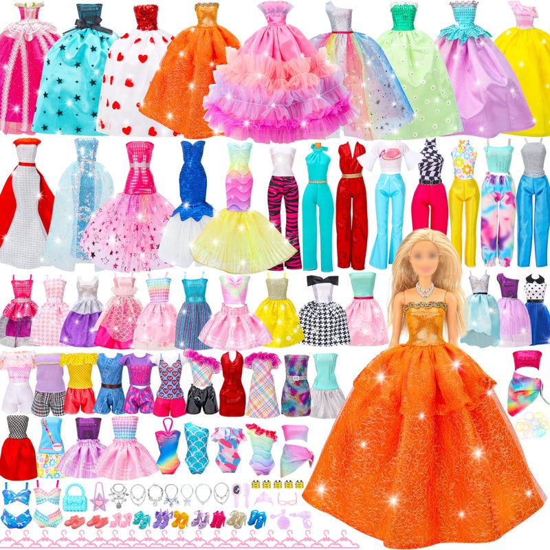 Style Shine 90 Pcs Doll Clothes and Accessories2 Wedding Gowns 2 Evening Dresses 6 Fashion Dresses 4 Set Casual Outfit Top and Pant 2 Swimsuit20 Hanger 10 Shoe 41 Accessories Toys for Girls Kid Gift - Image 3