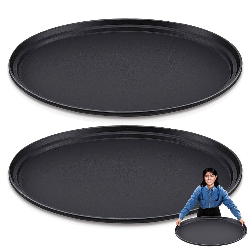 Dapuri 2 Pcs Large Restaurant Serving Trays 24" x 29" Oval Plastic Food Serving Tray Non Slip Rubber Lined Black Serving Tray for Cafeteria (2) - Image 1