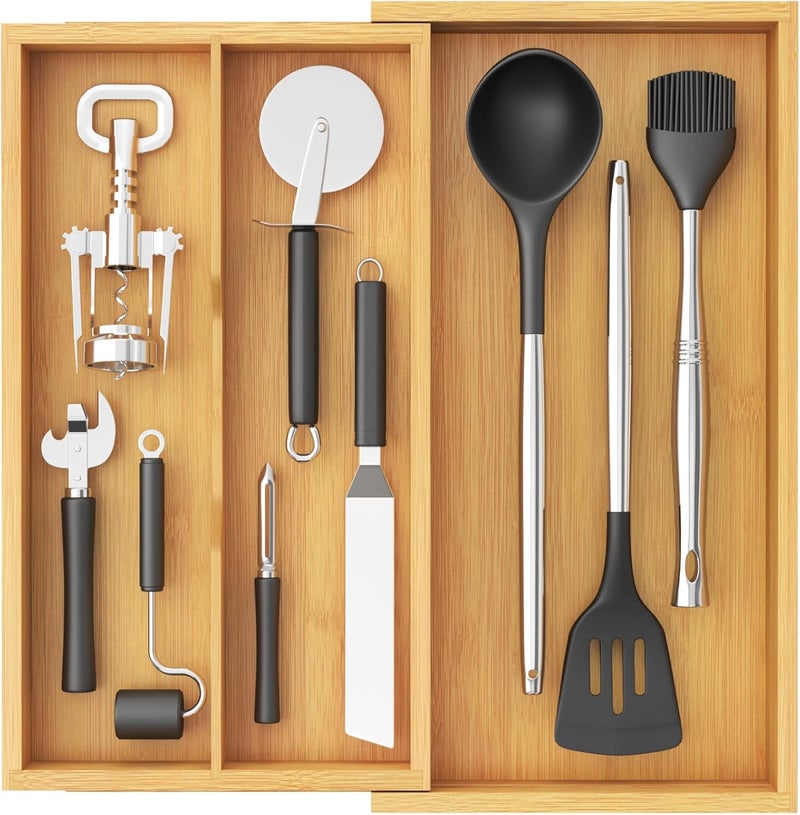 Lifewit Utensil Organizer for Kitchen Drawer, Expandable Cooking Utensil Tray, Cutlery Silverware Flatware Holder, Wood Adjustable Spatula Tools Storage Divider, 8.9-15.8 x 15.75, Natural - Image 1