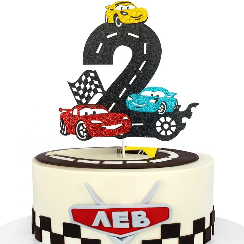 MEMOVAN Race Car 2nd Cake Topper Two Fast Cake Topper Racing Car Birthday Cake Decoration for Racing Car Checkered Flag Themed Girl Boy 2 Years Birthday Party Decoration Double Sided - Image 2