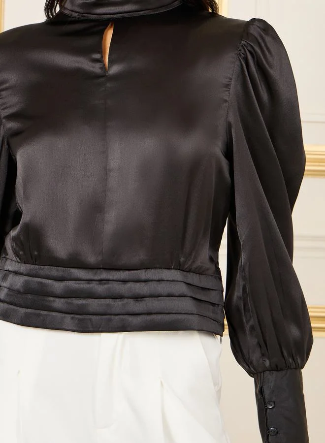 ستايلي Satin High Neck Keyhole Detail Pleat Waist Blouse