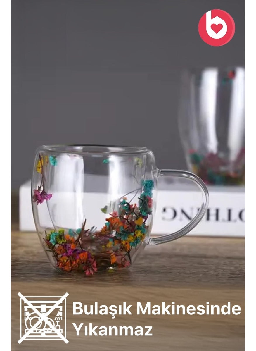 Bizimevde Double Walled 250ML Glass Mug with Handle - Floral  - Image 4