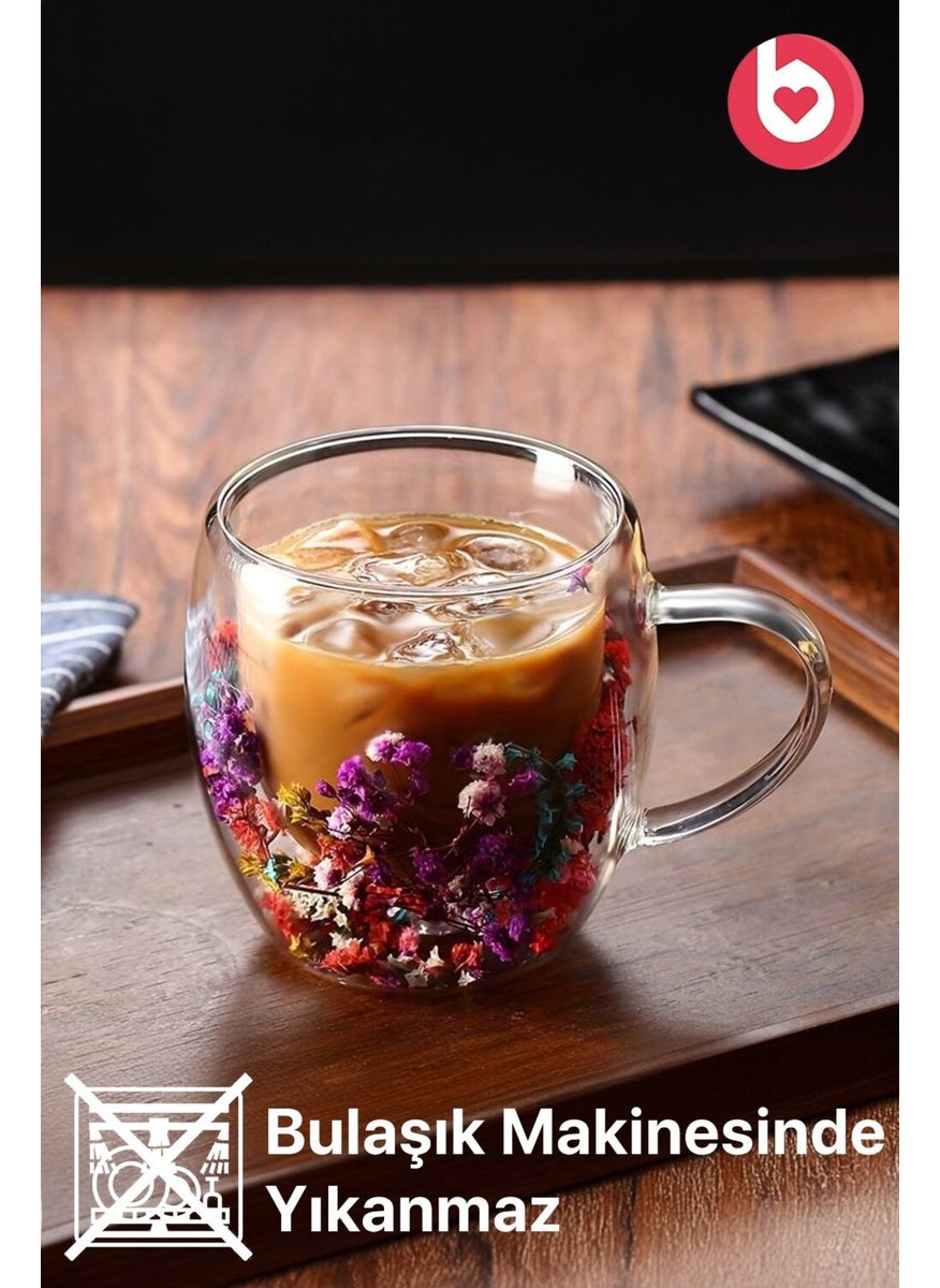 Bizimevde Double Walled 250ML Glass Mug with Handle - Floral  - Image 1