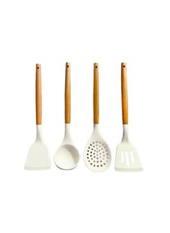 Anmi Kitchen Silicone Cooking Utensils, Wooden Handle Silicone Kitchenware, Four-Piece, Soup, Spoon, Spatula, Kitchenware Set, Non-Stick,Frying, Kitchen Utensils,White  - Image 1