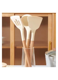 Anmi Kitchen Silicone Cooking Utensils, Wooden Handle Silicone Kitchenware, Four-Piece, Soup, Spoon, Spatula, Kitchenware Set, Non-Stick,Frying, Kitchen Utensils,White  - Image 4