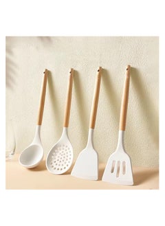 Anmi Kitchen Silicone Cooking Utensils, Wooden Handle Silicone Kitchenware, Four-Piece, Soup, Spoon, Spatula, Kitchenware Set, Non-Stick,Frying, Kitchen Utensils,White  - Image 2