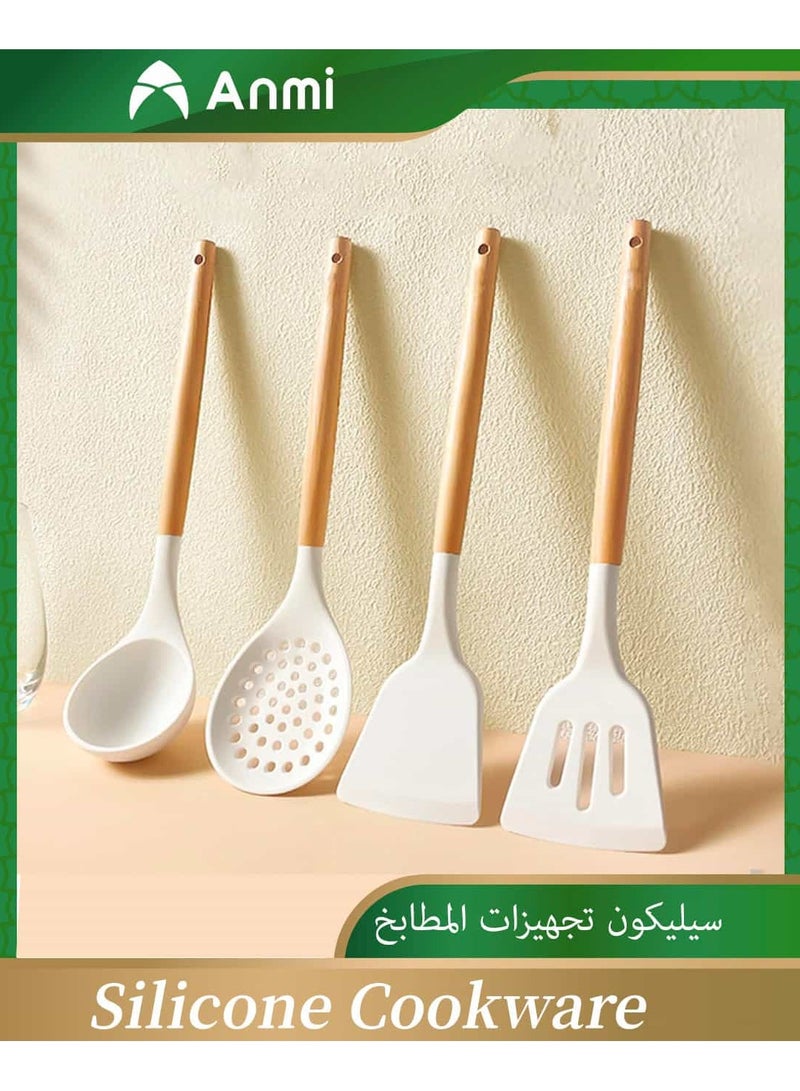 Anmi 4 Pcs Set of Silicone Cookware, Heat-resistant Silicone Kitchen Utensils, Soup, Spoon, Spatula, Kitchenware Set, Non-Stick,Frying, Kitchen Utensils,White - Image 1