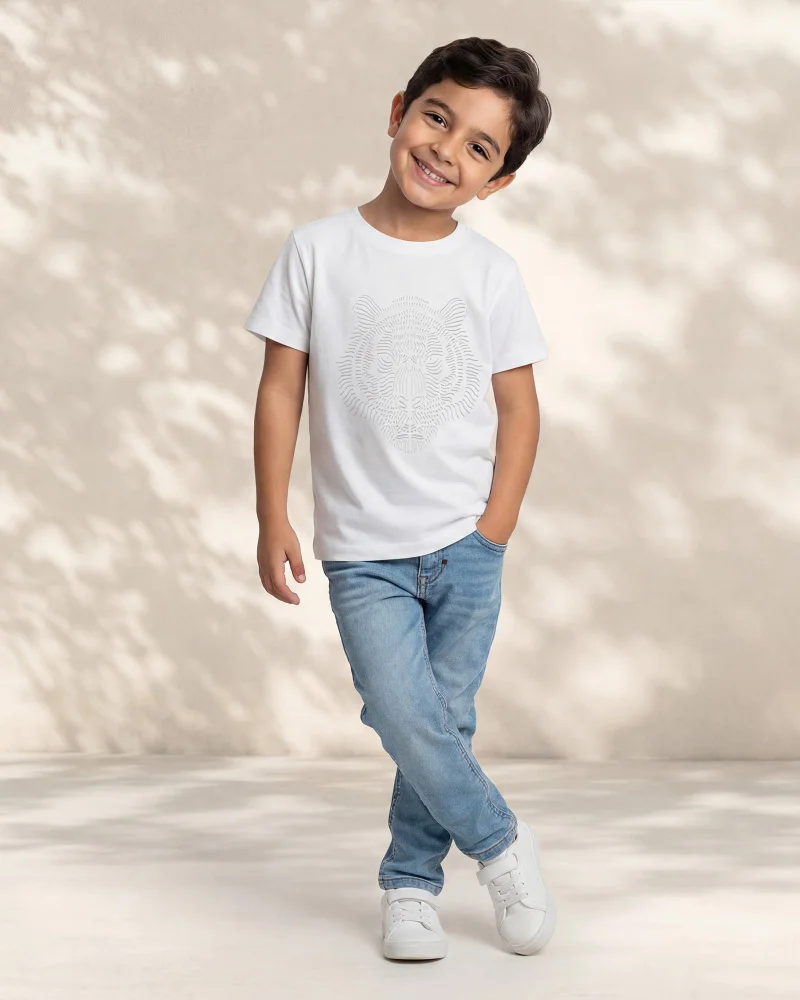 Redtag Boys White Tiger HD Print T Shirt