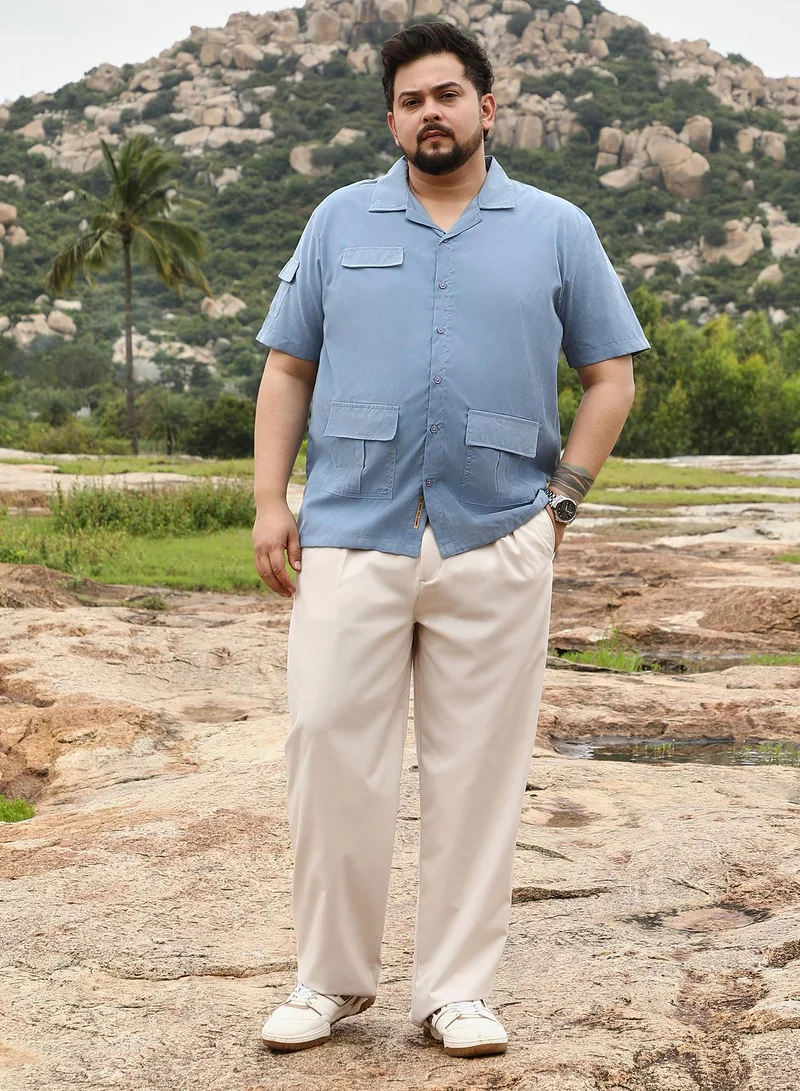 Instafab Plus  Instafab Plus Men Utility Resort Oversized Shirt | Cuban Collar , Short Regular Sleeves | Button Closure , Straight Hem | Solid Plain | Woven Fabric For Casual & Daily Wear | Powder Blue for Men | Best Price UAE