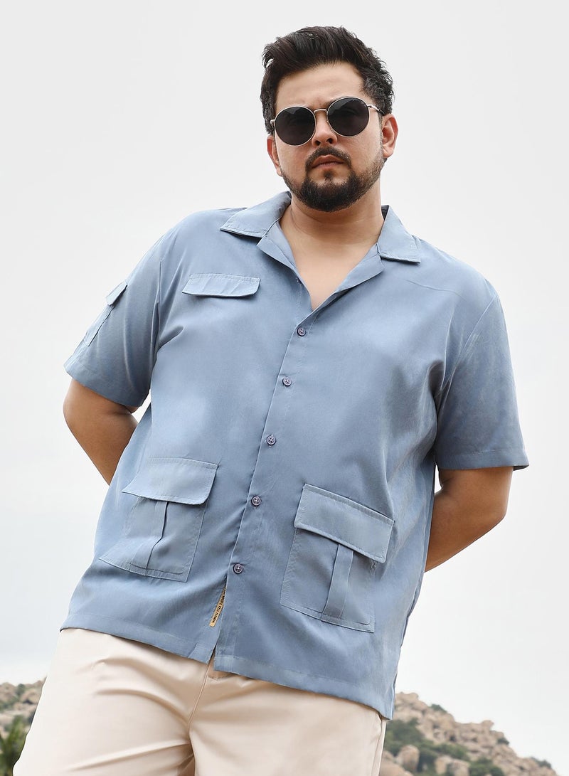 Instafab Plus Men Utility Resort Oversized Shirt | Cuban Collar , Short Regular Sleeves | Button Closure , Straight Hem | Solid Plain | Woven Fabric For Casual & Daily Wear | Powder Blue - Image 1