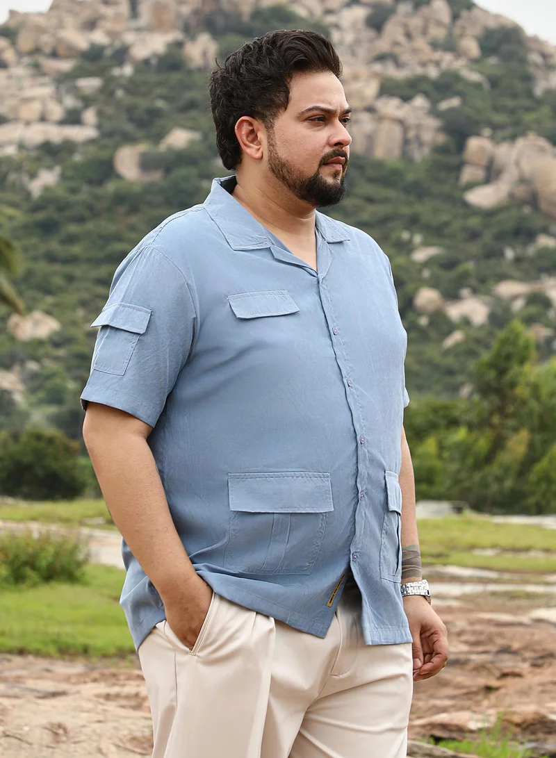 Instafab Plus  Instafab Plus Men Utility Resort Oversized Shirt | Cuban Collar , Short Regular Sleeves | Button Closure , Straight Hem | Solid Plain | Woven Fabric For Casual & Daily Wear | Powder Blue for Men | Best Price UAE